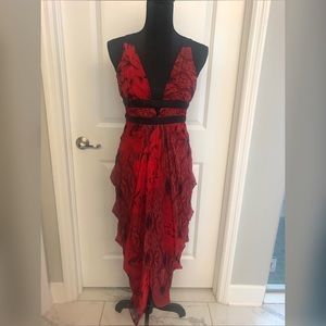 Stunning red draped plunge neck Bebe dress